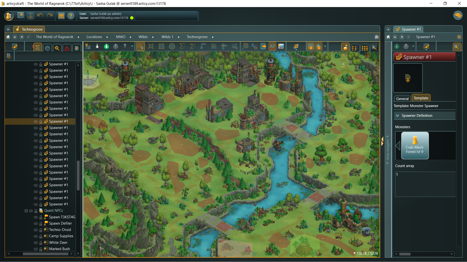 Articy screenshot showing 77-bit MMORPG outdoor encounter and spawner setup.