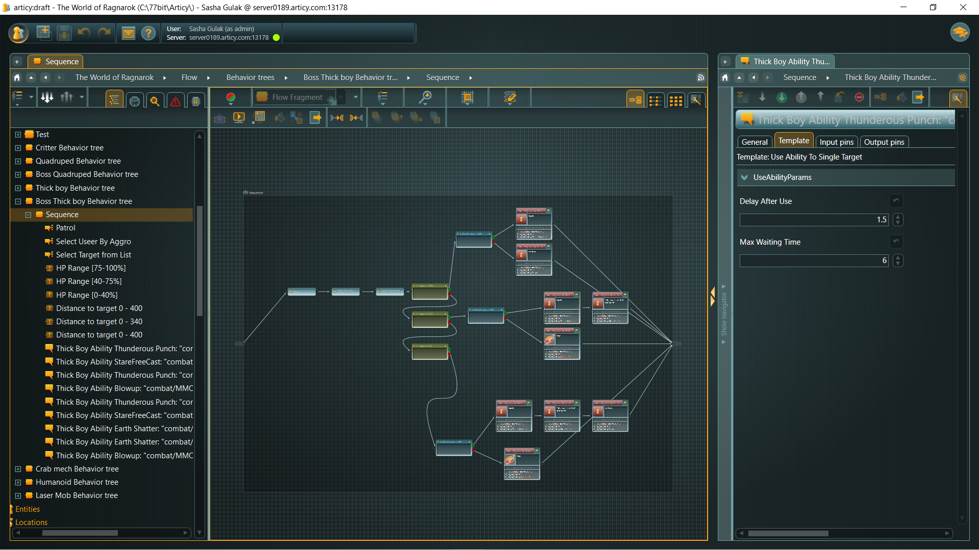Articy screenshot showing a 77-bit MMORPG enemy behavior tree with target selection, HP gates, and ability nodes.