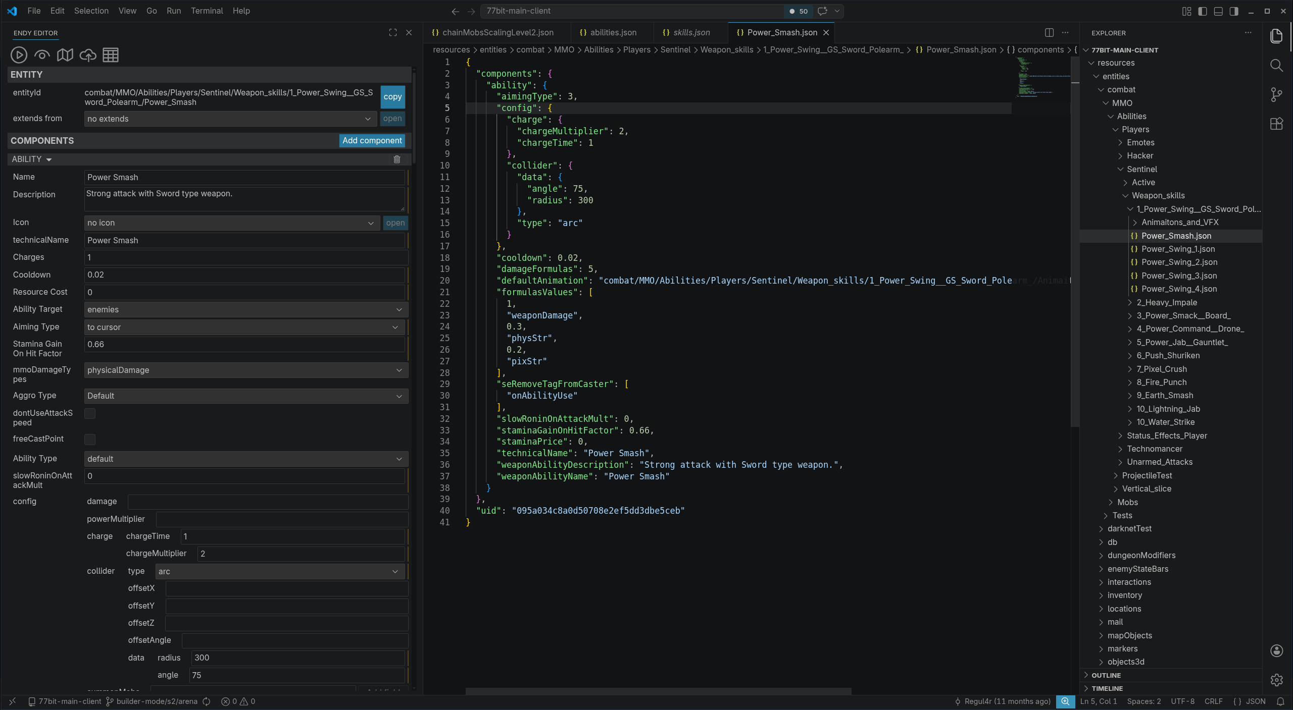 Endy editor and code screenshot showing the 77-bit MMORPG Power Smash skill configuration.