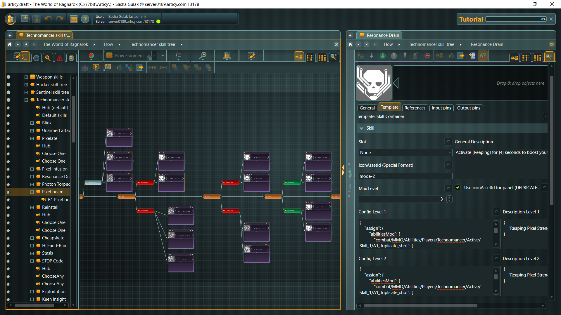 Articy screenshot showing a 77-bit MMORPG class skill-tree blueprint and skill configuration panel.